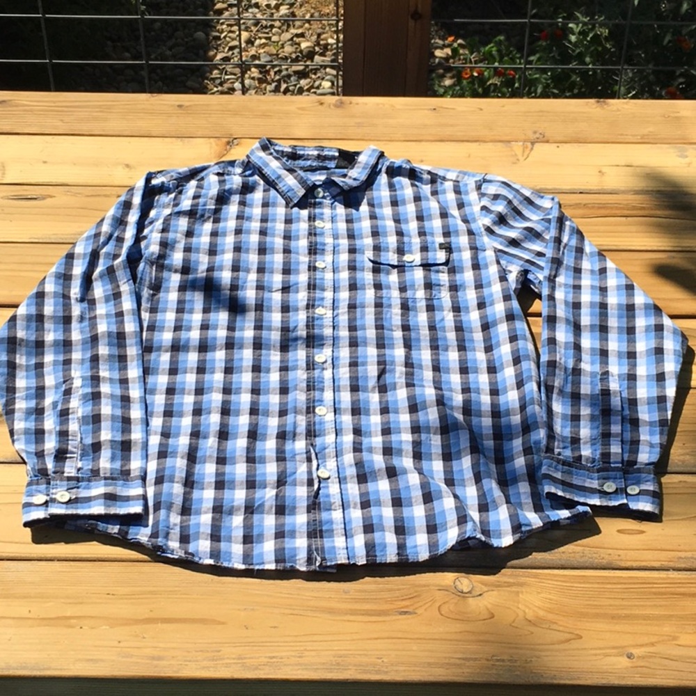VTG Rusty blue black white blue plaid long sleeve button down shirt sz Lg